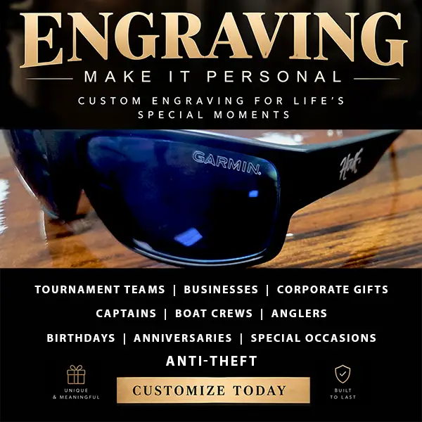 Promotional graphic for custom engraving services, featuring a close-up of dark sunglasses with the word 'GARMIN' on the lens, set against a wooden background. The top and bottom sections contain text advertising personalized engraving for life's special moments, listing various use cases such as tournaments, businesses, captains, boat crews, anglers, and birthdays.