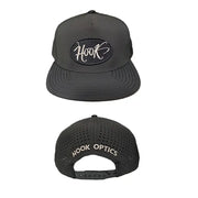 Hook Optics black trucker hat with mesh back and embroidered Hook Optics logo