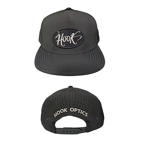 Black flat-brim cap shown from the front and back on a white background. The front features an oval black patch with white script reading 'Hook', and the back has 'HOOK OPTICS' embroidered in white across the mesh panels.