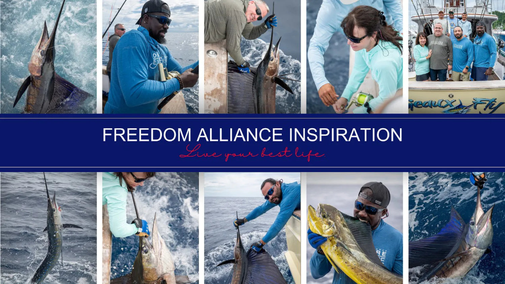 Collage of people fishing with text 'Freedom Alliance Inspiration' and 'Live your best life' wear Hook Optics Sunglasses