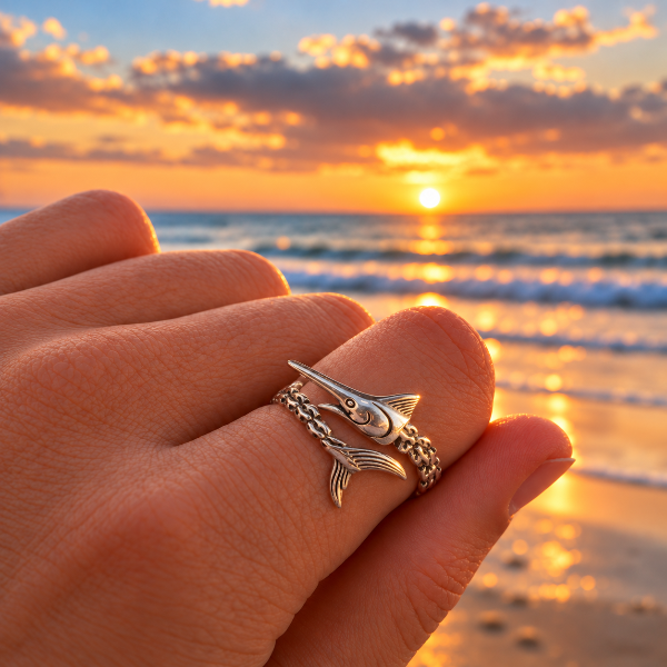 A silver fish-shaped ring worn on a person's finger, photographed outdoors at sunset by the ocean with waves and a glowing horizon in the background.