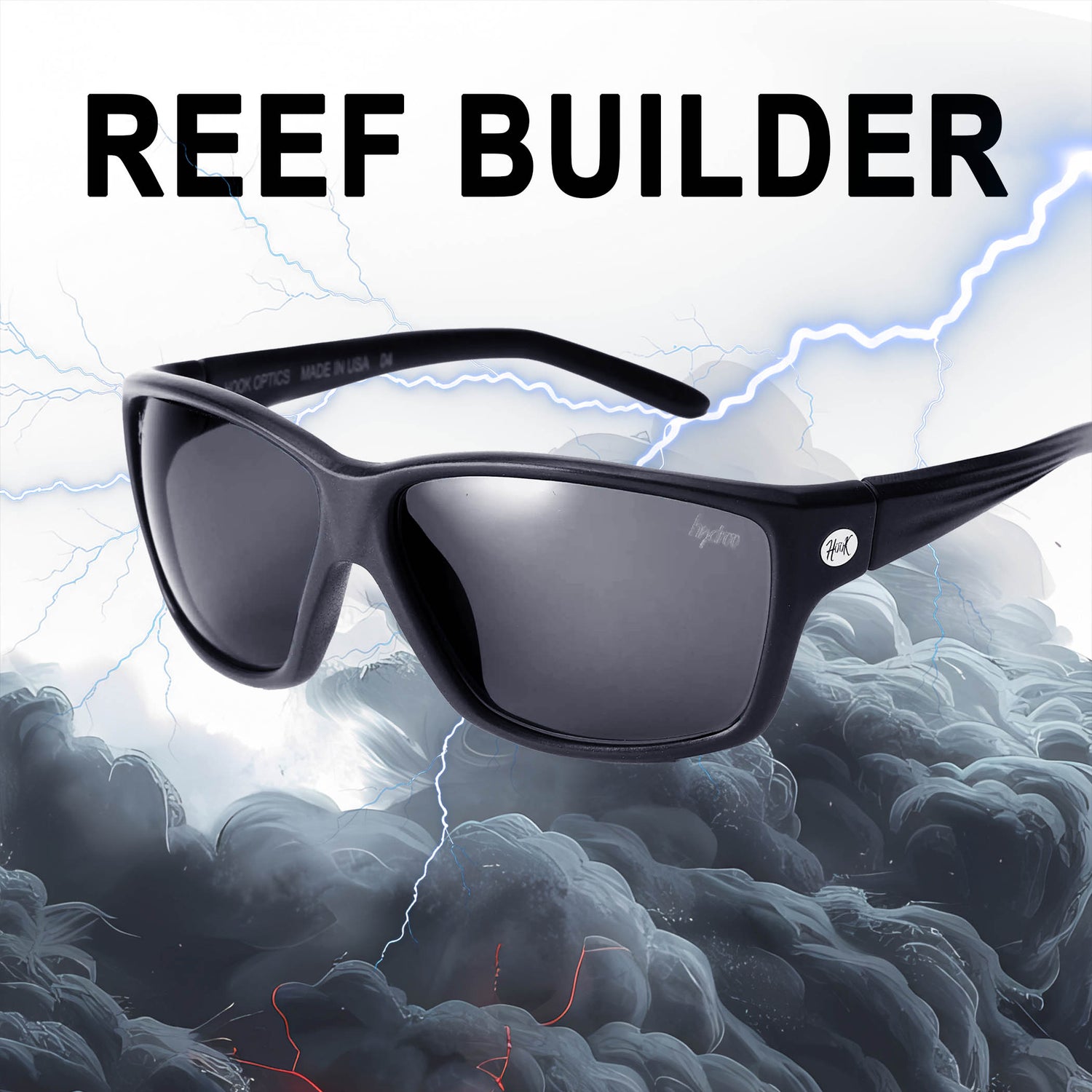 Sunglasses with 'REEF BUILDER' text on a background of clouds and lightning.