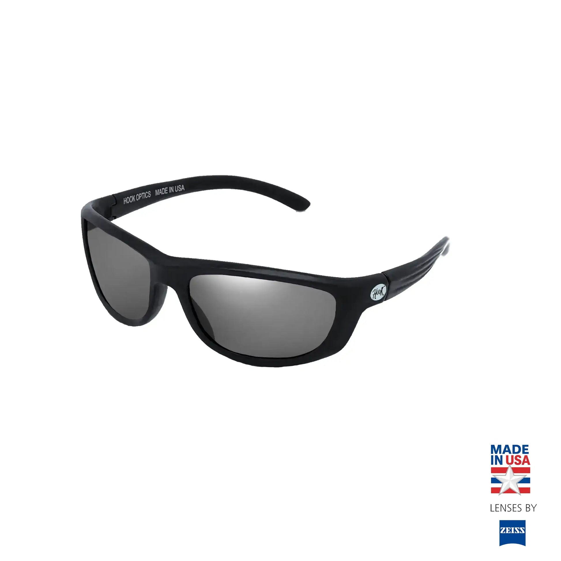 Black sunglasses with a 'Made in USA' label on a white background. best sunglasses for fishing by Hook optics