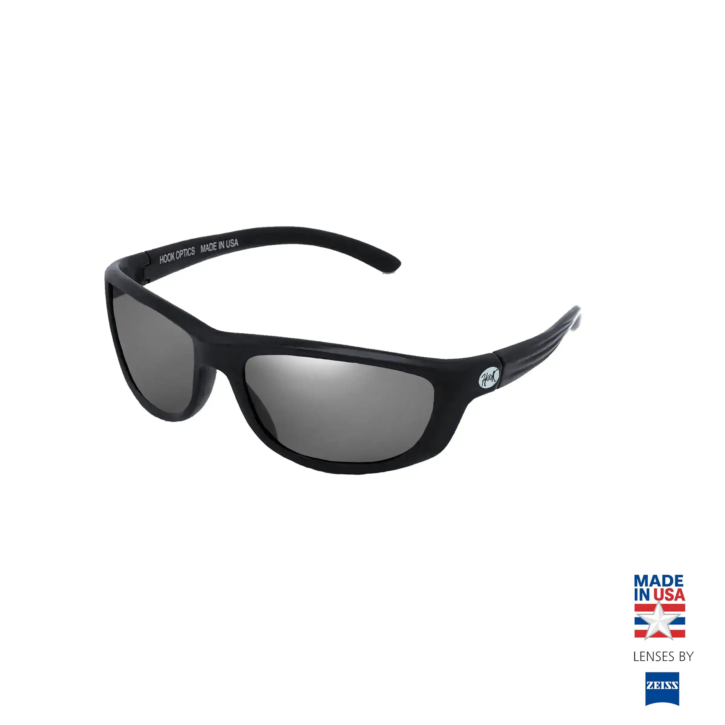 Black sunglasses with a 'Made in USA' label on a white background. best sunglasses for fishing by Hook optics