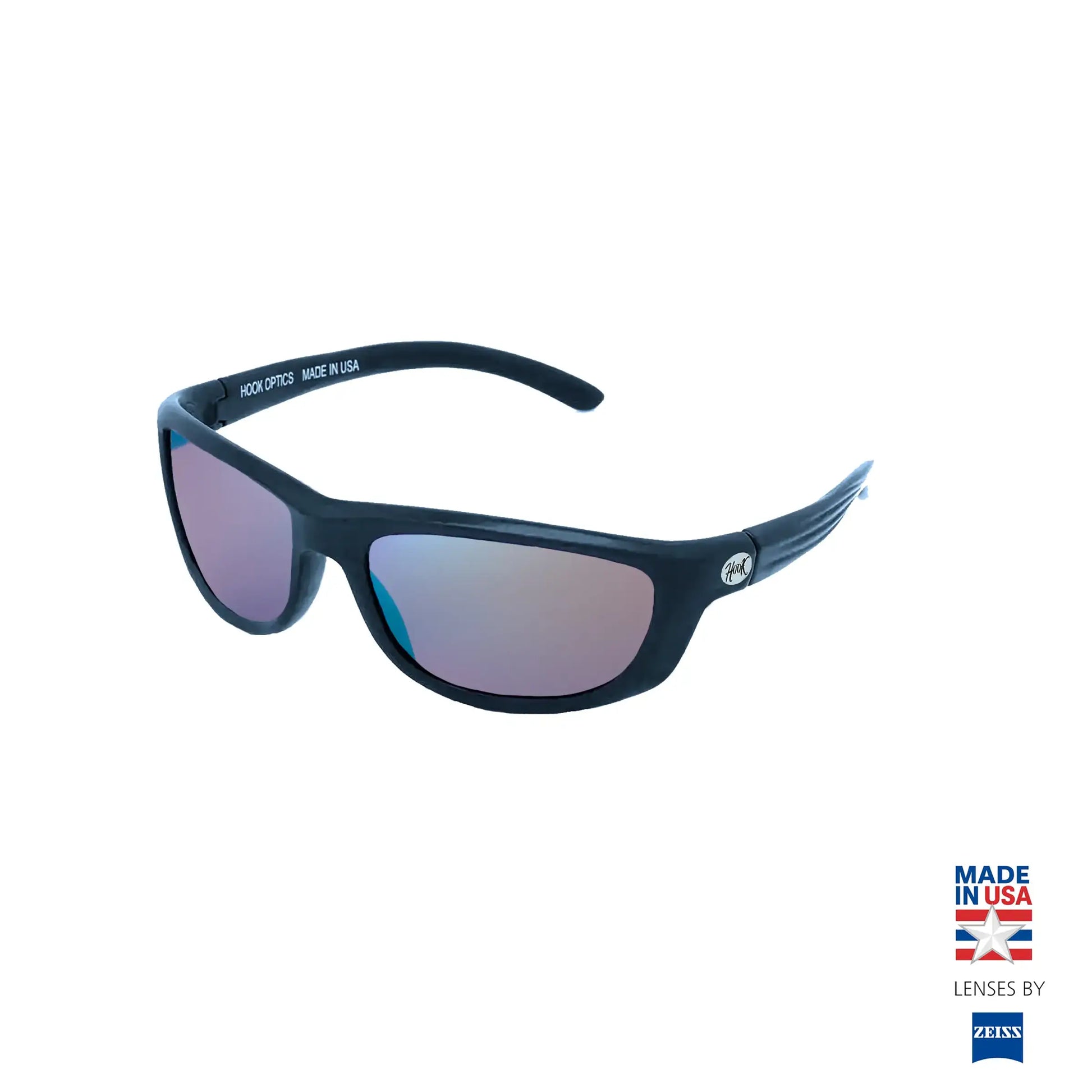 Best Fishing Sunglasses Blue polarized  Black sunglasses with purple lenses on a white background, featuring 'Made in USA' and Zeiss logos.