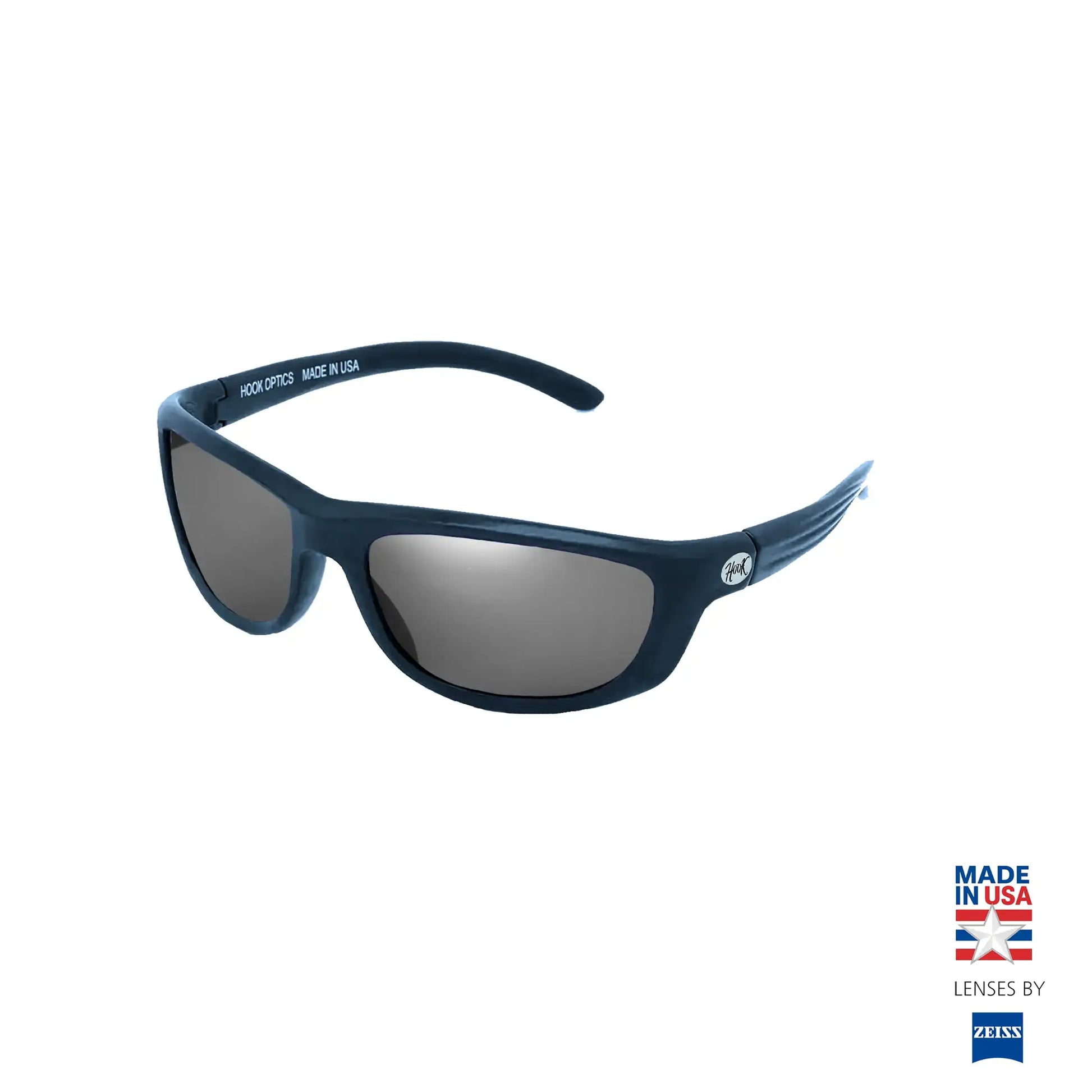 Fishing Sunglasses Blue polarized sunglasses with a 'Made in USA' label on a white background