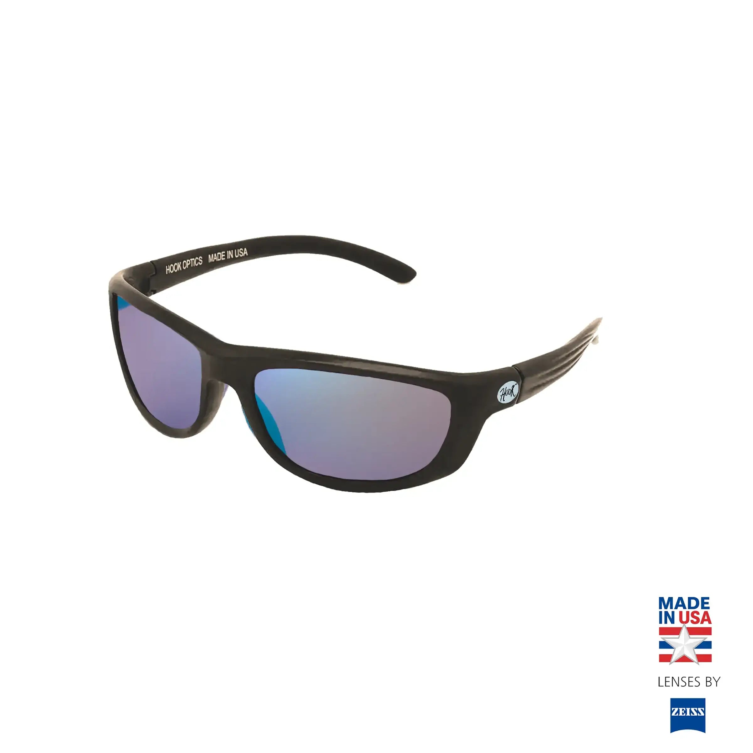 Sunglasses with black frame and purple lenses on a white background, featuring Zeiss logo. Best sunglasses for fishing by Hook optics