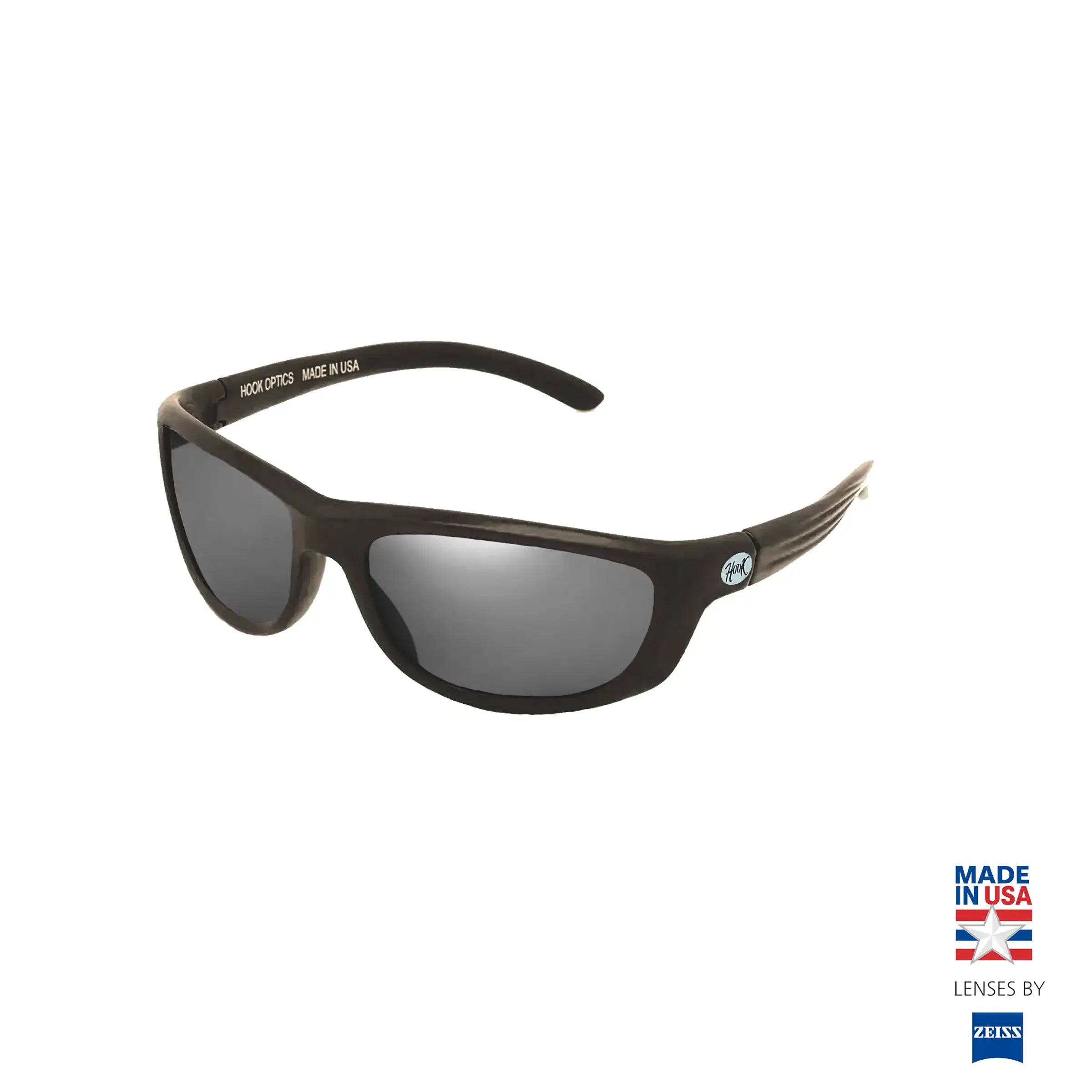 Sunglasses with a 'Made in USA' label on a white background best sunglasses for fishing by Hook optics