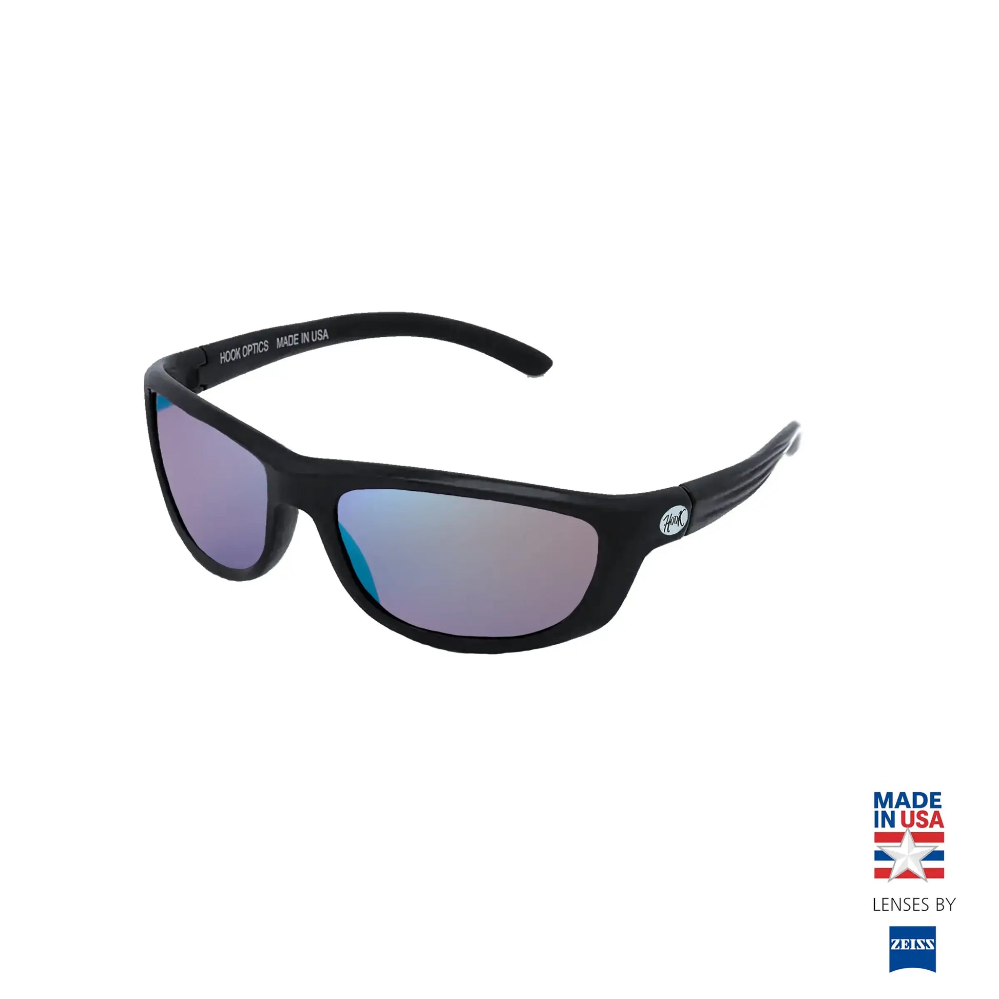 Black sunglasses with purple lenses on a white background, featuring Zeiss branding. best sunglasses for fishing by Hook optics