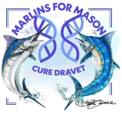 Logo with two marlin fish and a DNA double helix, featuring the text 'Marlins for Mason Cure Dravet'. Hook Optics Best Sunglasses