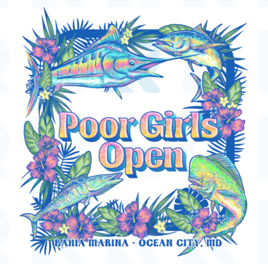 Colorful graphic with fish and floral elements and 'Poor Girls Open' text on a white background, Hook Optics Best Sunglasses