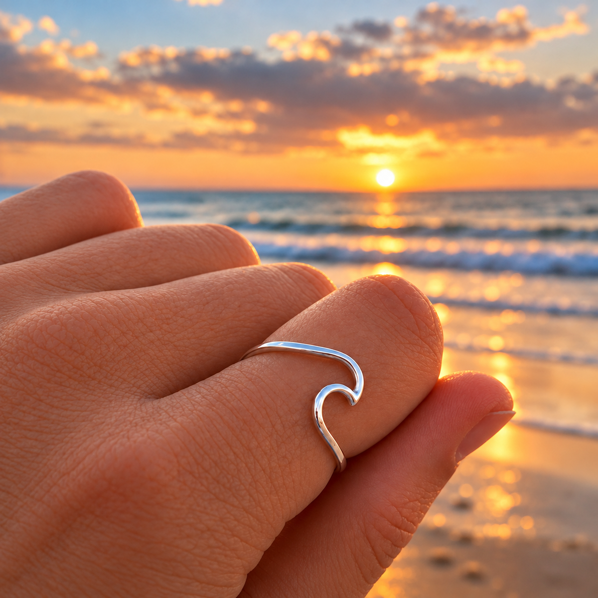 A silver open wave ring worn on a person's hand, set against a blurred beach sunset background.