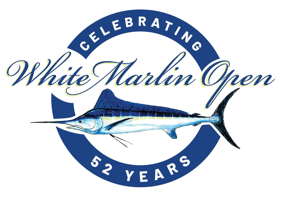 Logo for the White Marlin Open celebrating 52 years with a marlin fish illustration. Hook Optics Best Sunglasses