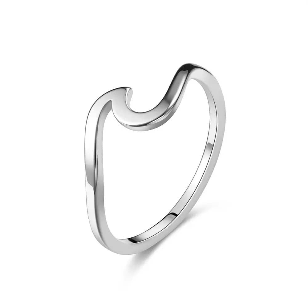 A polished silver-toned metal ring with an abstract, open wavy design, shown on a clean white background with a soft shadow sold by Hook Optics.