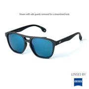 Sunglasses with blue lenses and black frame on a white background, featuring Zeiss logo.