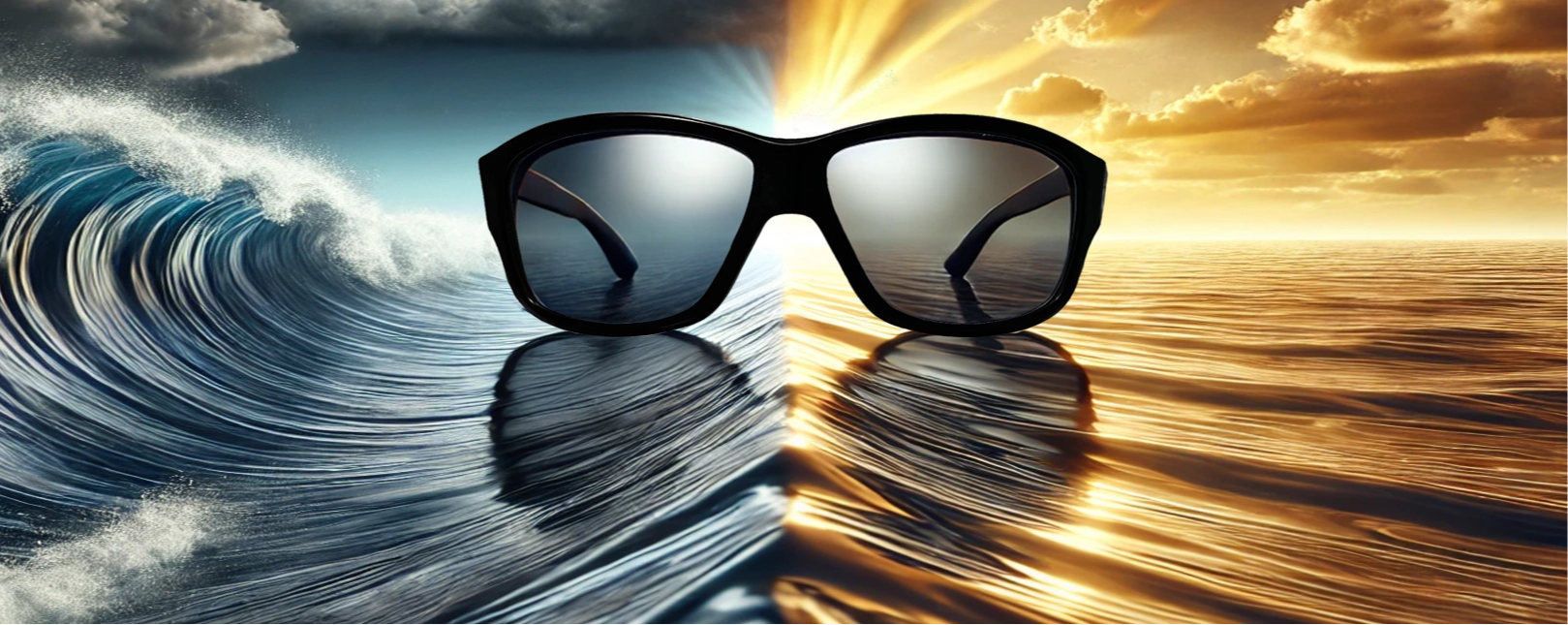 Sunglasses floating in saltwater with a sunset or sunrise in the background